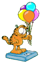 Garfield qui se pese et a des ballons dans la main