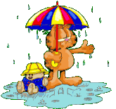 Garfield avec son parapluie et qui fait du stop