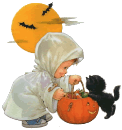 Enfant avec citrouille chat noir et chauves souris
