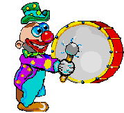 Gif clown rigolo qui joue de la musique avec un tambour