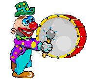 Gif clown rigolo qui joue de la musique avec un tambour