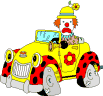 gifs clown dans sa voiture jaune et rouge
