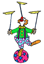 gif clown qui fait tenir en equilibre des assiettes