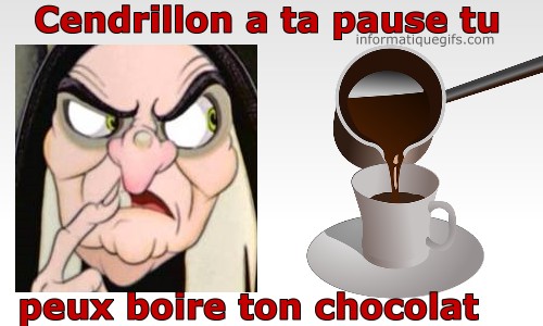 une tasse de chocolat et sorciere blanche neige