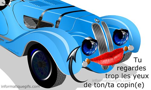 Humour voiture avec des yeux et une bouche