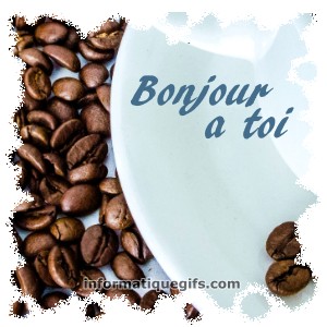 grain de cafe avec une tasse de cafe bonjour