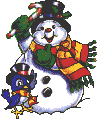 animation gif bonhomme de neige avec echarpe et chapeau noir