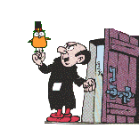 Gif Gargamel qui ouvre la porte en bois